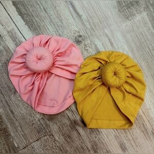 Adorable Donut knot Baby turbans pink & mustard yellow set